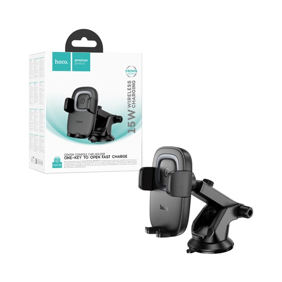 Hoco Center Console Car Phone Holder HW32 Crown Push-Type with Wireless Charging 15W Black Metal Gray